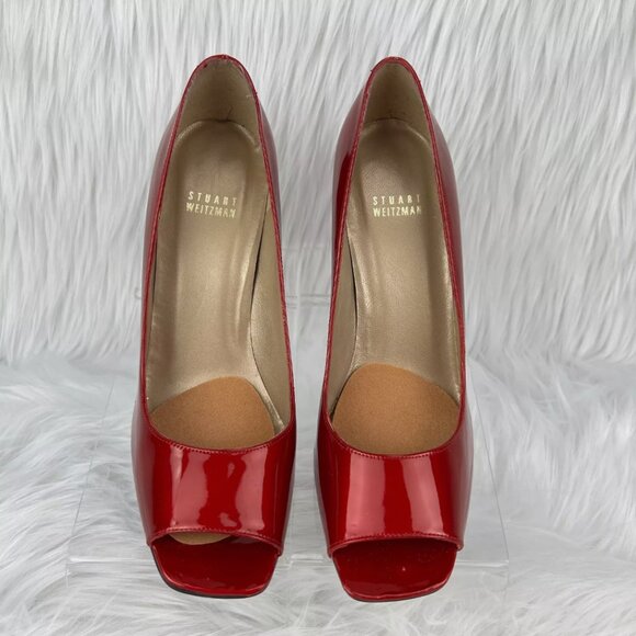 Stuart Weitzman Cherry Red Heels Pumps Patent Leather Open Toe 4" Valentines Day - Picture 3 of 16